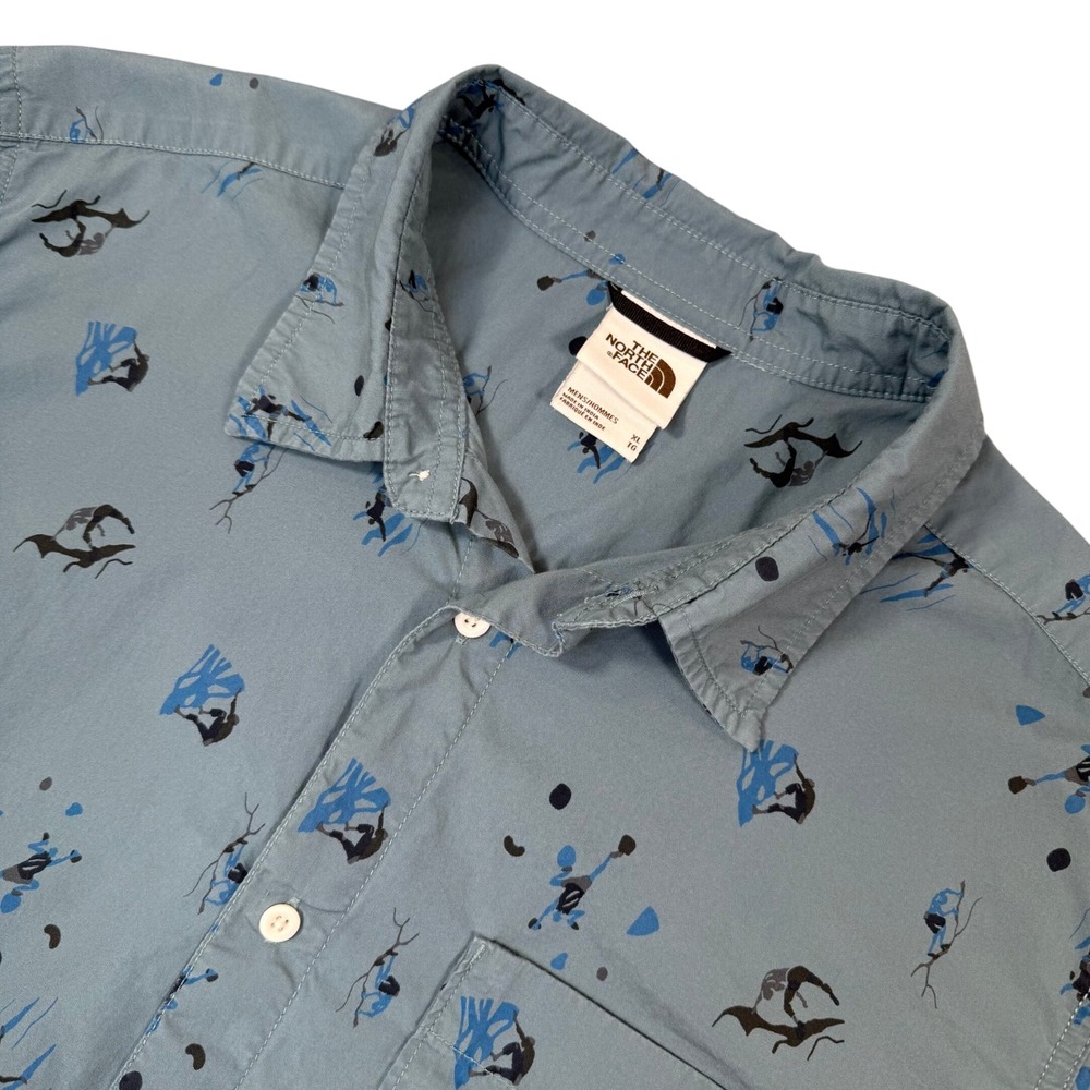 North Face Mens Rock Climbing Print Short Sleeve Button Up Blue Shirt Size XL
